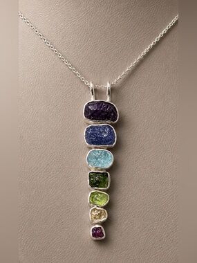 Multi-Gemstone Artisan Chakra Pendant Rough Stones Bezel Set EUC ~1 7/8" #636